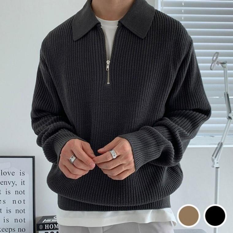 남성 깔끔한 카라 반집업 캐주얼 겨울 패션 니트 긴팔 카라 티셔츠