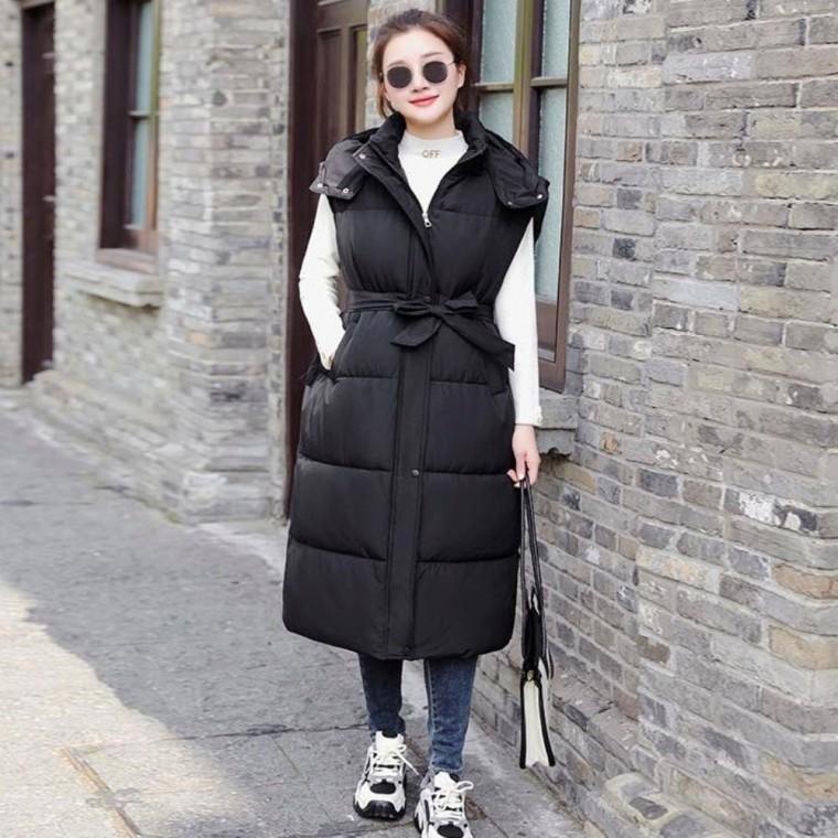 허리끈 후드 베스트 조끼 여자 겨울 롱 패딩 달린