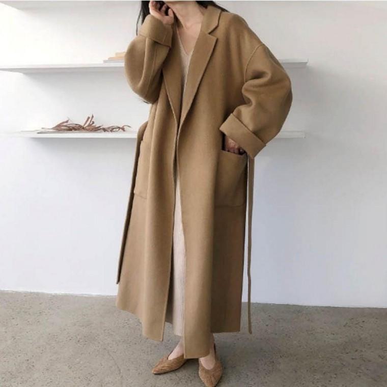 여성 2컬러 겨울 허리스트랩 클래식룩 모직 롱코트