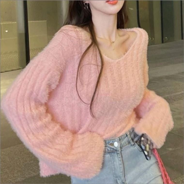 겨울 여리여리 브이넥 크롭니트 퍼 긴팔 여자 상의 4컬러
