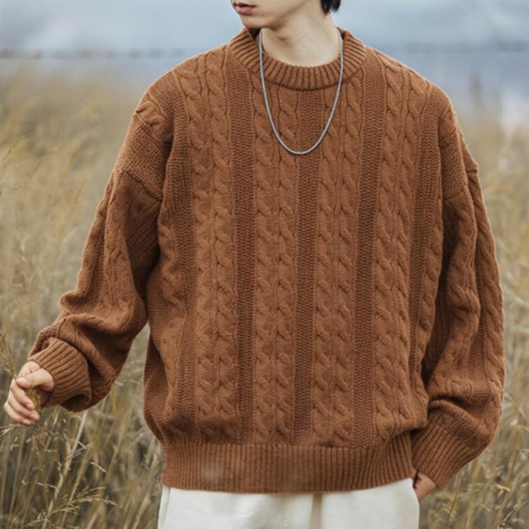 남자 남성 가을 겨울 클래식 꽈배기 패턴 라운드넥 긴팔 니트 티 셔츠