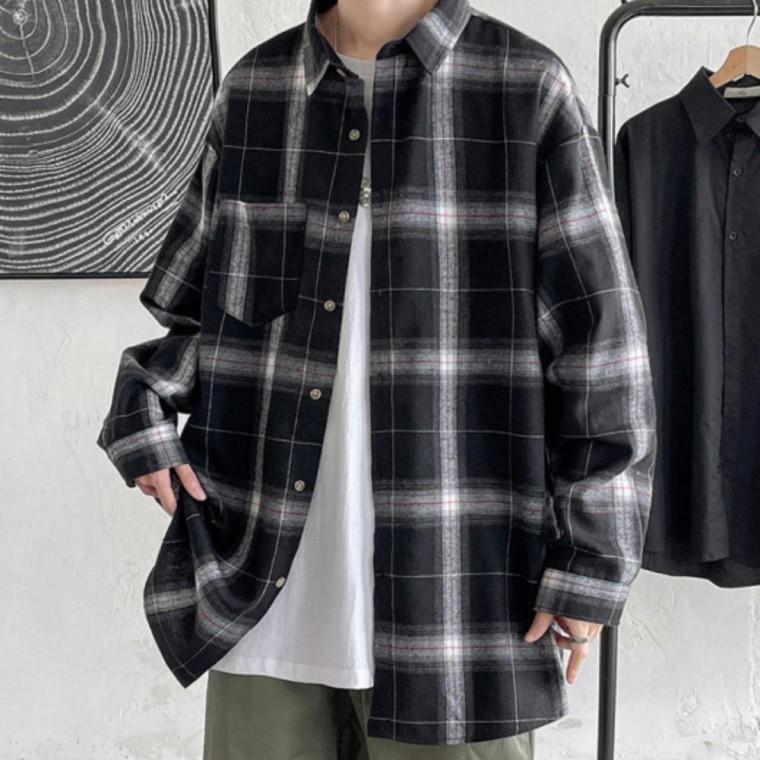 남자 남성 겨울 기모 안감 그라데이션 체크 긴팔 남방 셔츠 2color
