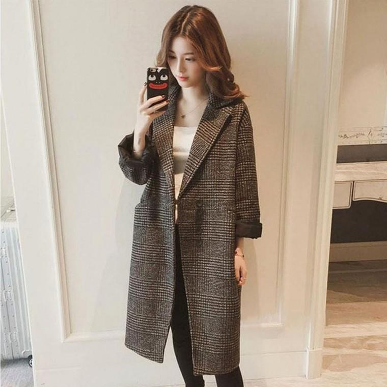 클래식 겨울 여자 카라 체크코트 아우터 브라운 루즈핏