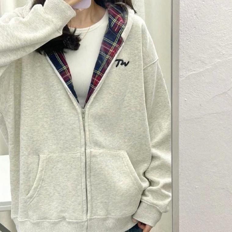 아우터 안감 겨울 점퍼 여자 타탄 집업 체크 후드