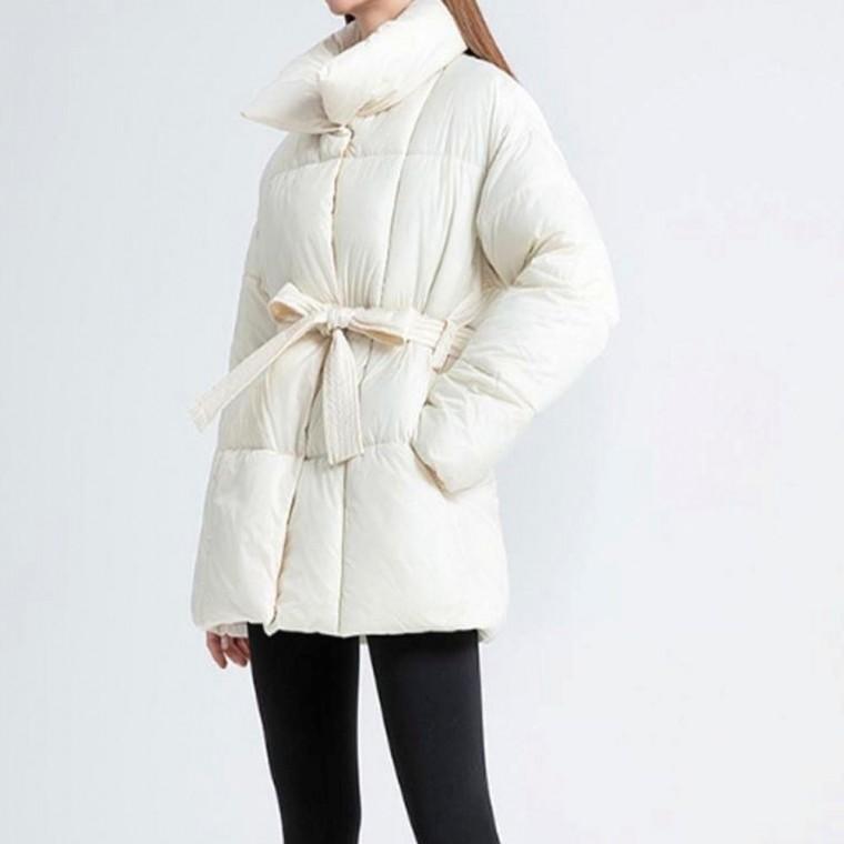 아우터 여자 겨울 숏점퍼 하이넥 페미닌 허리끈 패딩