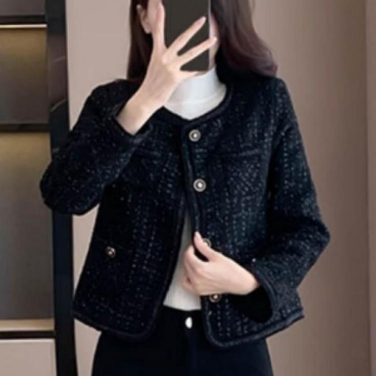 여성 여자 겨울 클래식 하객룩 트위드 자켓 숏 코트 시크 블랙