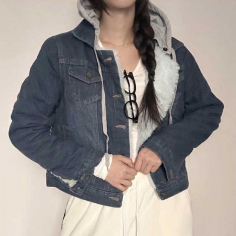 청자켓 여성 여자 겨울 털 안감 캐주얼 후드 청 데님 숏 자켓 점퍼 아우터