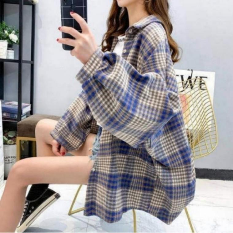 여성 여자 간절기 겨울 루즈핏 체크 기모 모직 긴팔 남방 셔츠