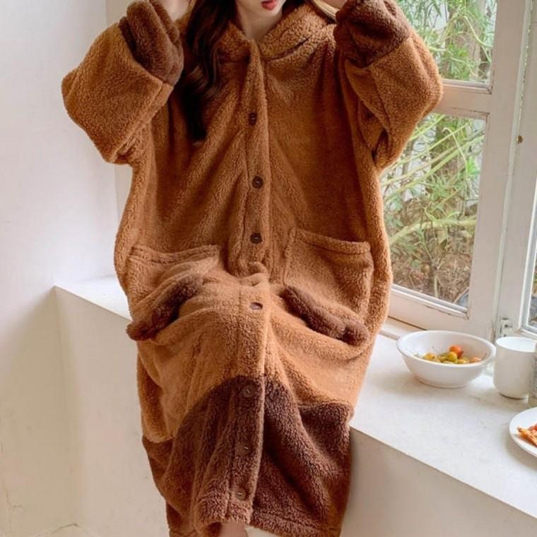 잠옷 수면 후드 귀여운 파자마 겨울 곰돌이 달린 가운
