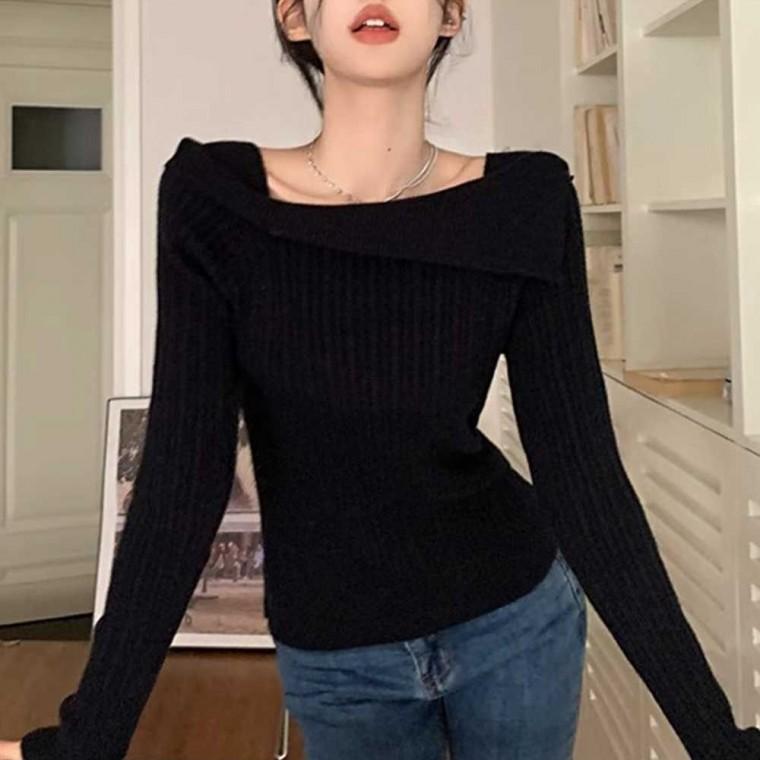 여성 오프숄더 스퀘어넥 골지 니트 겨울 데이트 룩