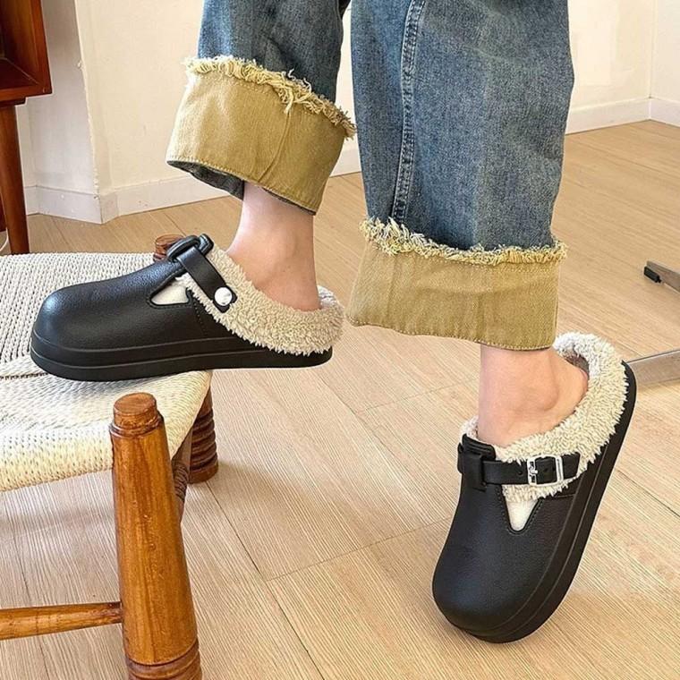 슬리퍼 겨울 용 방한 털 안감 퍼 편안한 클로그 버클