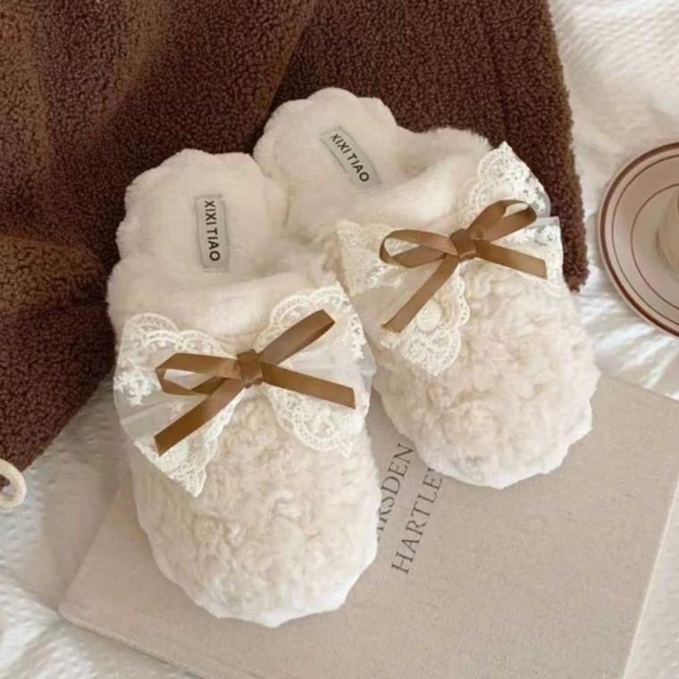 용 털 안감 슬리퍼 따뜻한 실내화 리본 여성 겨울