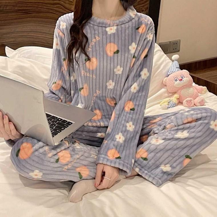 복숭아 극세사 잠옷 상하 세트 코디 파자마 파티 겨울