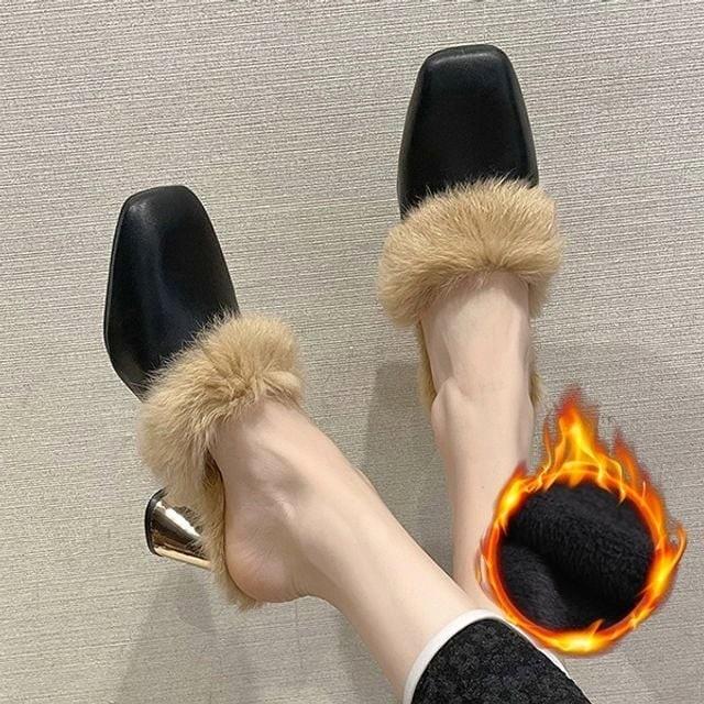 통굽 겨울 2컬러 퍼안감 뮬 사각앞코 여자 펌프스 정장구두