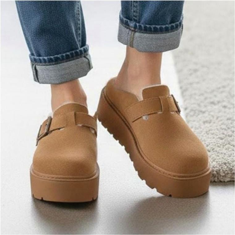 버클 플랫폼 기모안감 겨울 뮬 통굽 여자 털슬리퍼