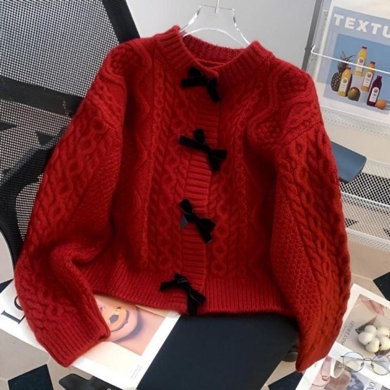 리본 꽈배기 여성 가디건 루즈핏 라운드넥 니트 스웨터 05 티 루즈핏가디건 여성 겨울 산타복