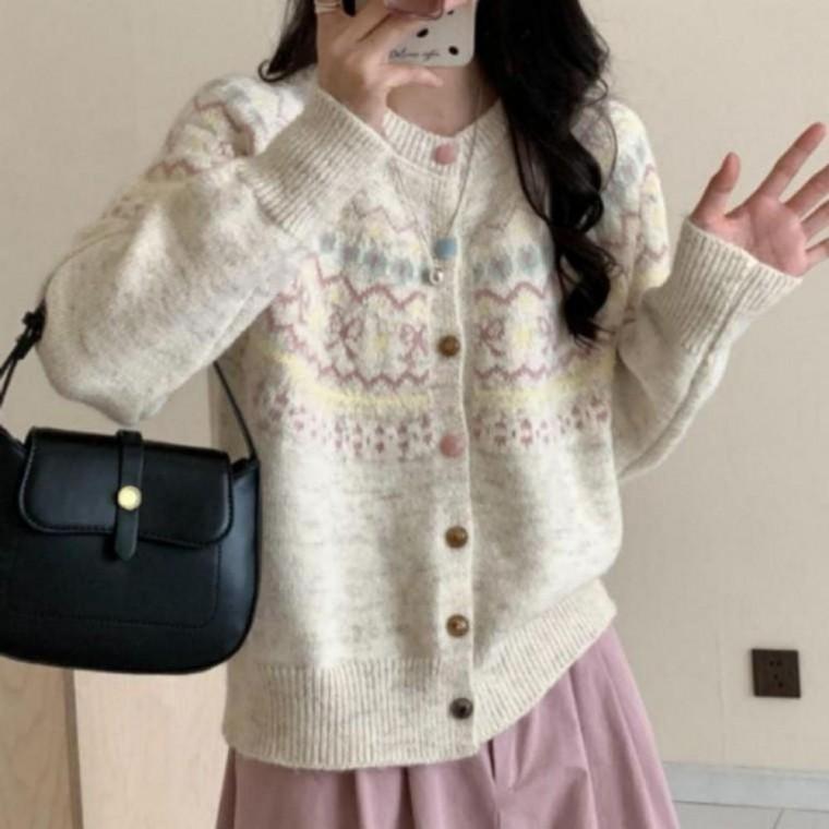 노르딕 니트 가디건 포근 라운드 자가드 카디건 데일리 겨울 방한 노르딕 카디건 여성 가디건 니트