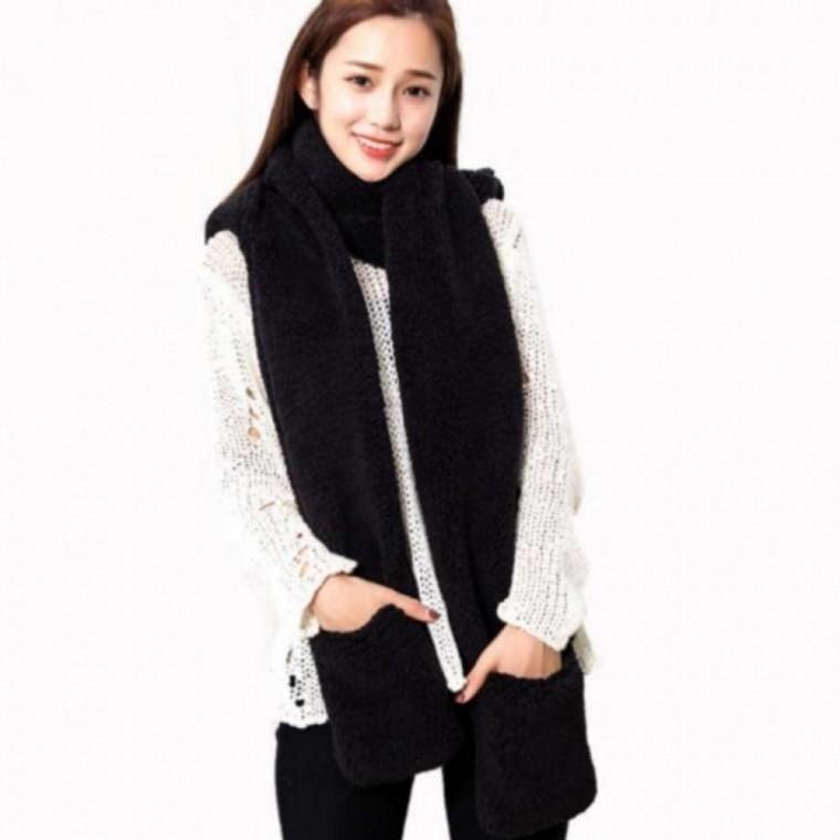 여성 겨울 보온 방한 후드 장갑 목도리 일체형 세트 목도리 포근한 보송보송 후드 머플러 밍크 장갑