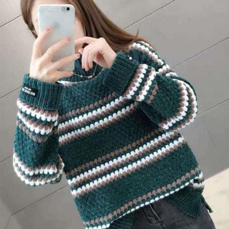 겨울 데일리 배색 포근 스트라이프 반폴라 니트 스웨터 여성 반목 터틀넥 니트티 06 니트 티 스웨터