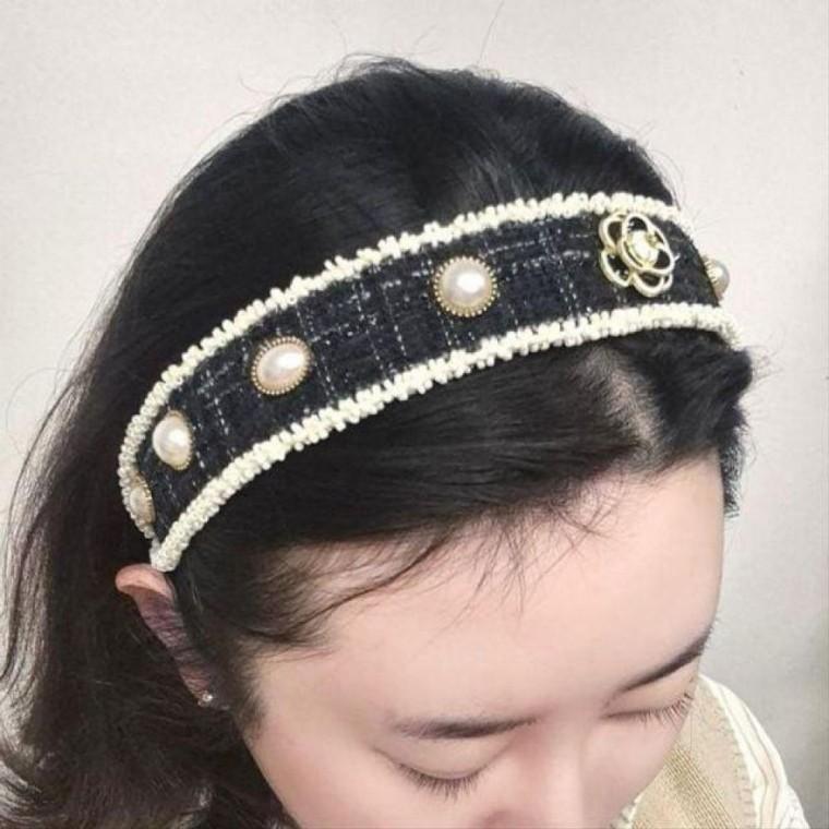 트위드 까멜리아 진주 장식 헤어밴드 하객룩 악세서리 겨울머리띠 헤어핀 여자 여성스러운 까멜리아머리띠