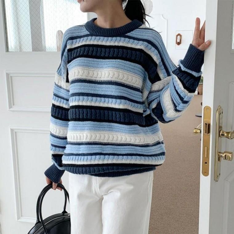 루즈핏 배색 스트라이프 니트 LM 0505 여성 겨울 니트 루즈핏 배색 크롭 두꺼운 가을