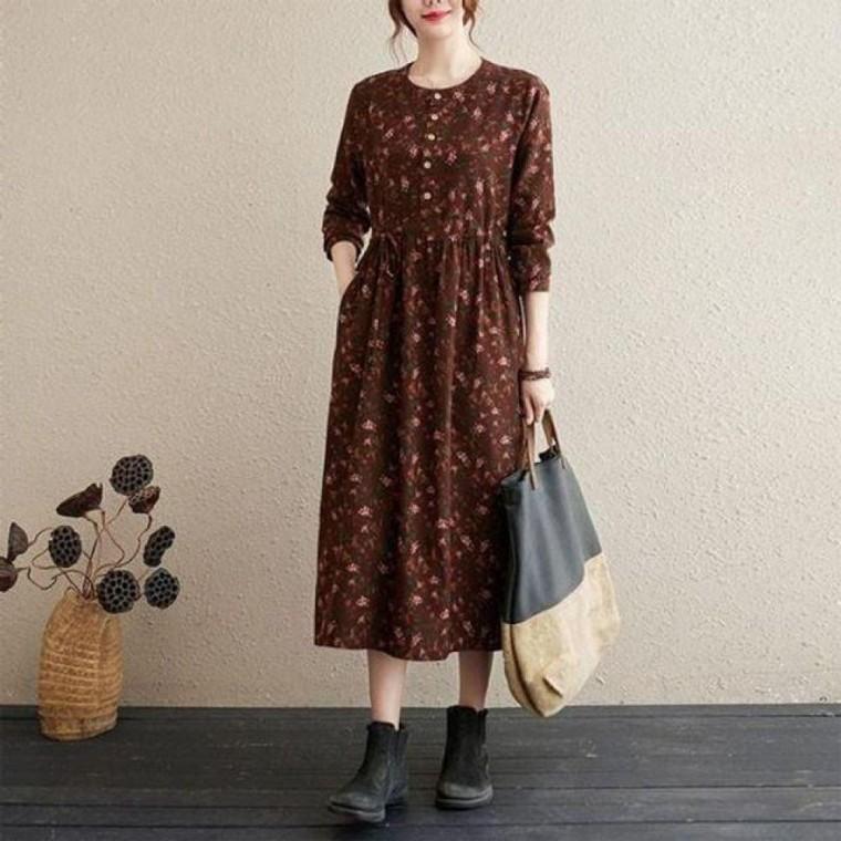 잔꽃 플라워 버튼 스트링 면 롱 원피스 여름 치마 빅사이즈 롱원피스 루즈핏 가을 겨울 긴팔 여성 돌 티
