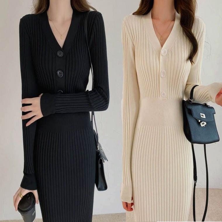 겨울 롱 니트 니트원피스 이너 V넥 슬림핏 골지 여자