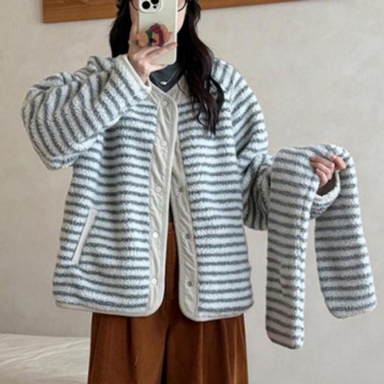 양면 패딩점퍼 플리스 스트라이프 목도리 세트 겨울 방한 데일리 여성 플리스 점퍼 패딩 양면 뽀글이