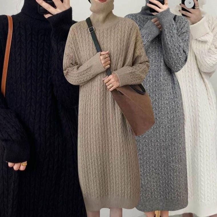 폴라 롱원피스 겨울 꽈배기 니트 4컬러 목폴라 하이넥 골지 여자