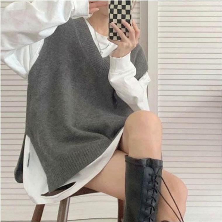 간절기 겨울 여자 니트조끼 루즈핏 v넥 코디 베스트 레이어드