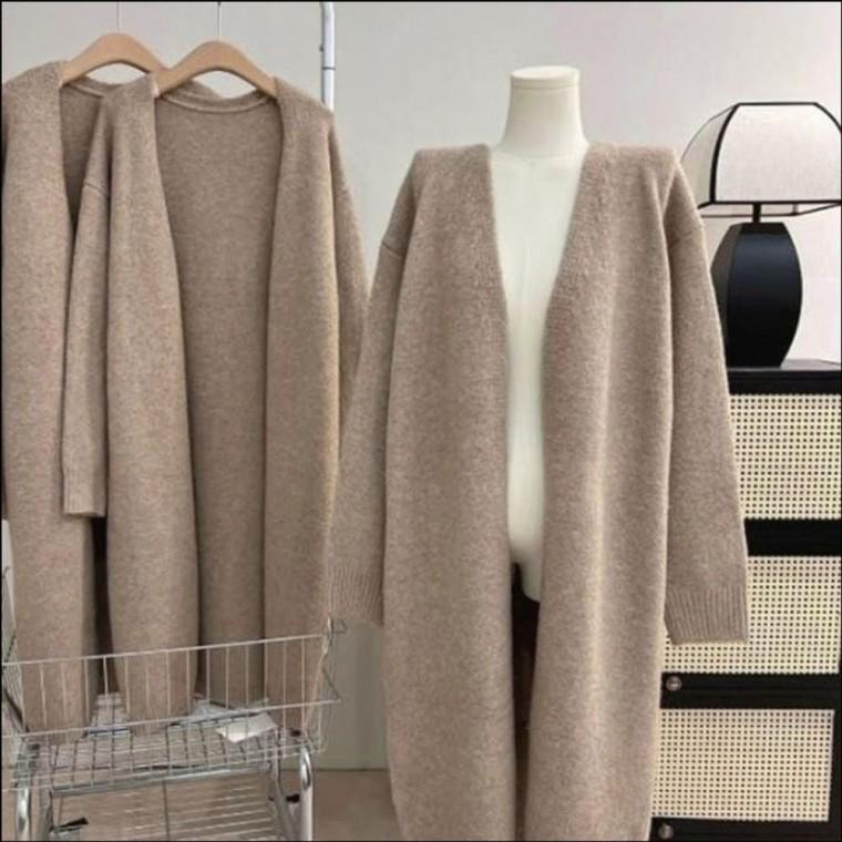 롱 여자 니트 초겨울 노카라 오픈형 가디건 아우터 로브 간절기