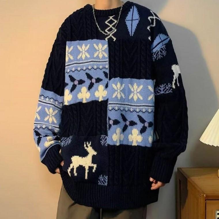 눈꽃패턴 남자 꽈배기 스웨터 루즈핏 겨울 긴팔 니트