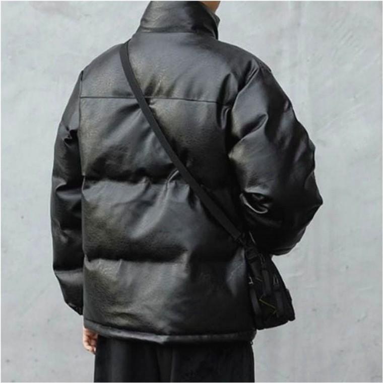 패딩점퍼 남자 페이크 레자 숏 반목 아우터 하프넥 레더 겨울