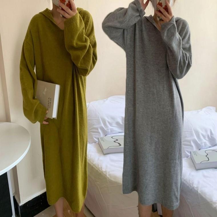 데일리 롱원피스 롱티 편한 니트 루즈핏 겨울 후드