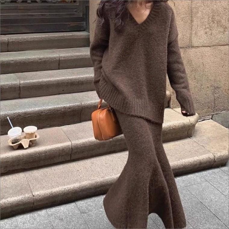 니트 v넥 투피스 스커트 3컬러 루즈핏 겨울 플레어 여자