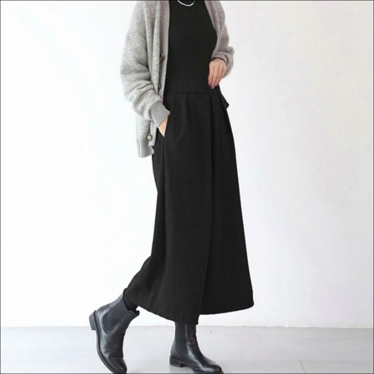 모직 따뜻한 밴딩 여자 와이드팬츠 겨울 9부 치마바지