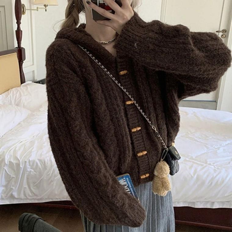 스웨터 겨울 가을 2컬러 떡볶이단추 후드가디건 여자 니트