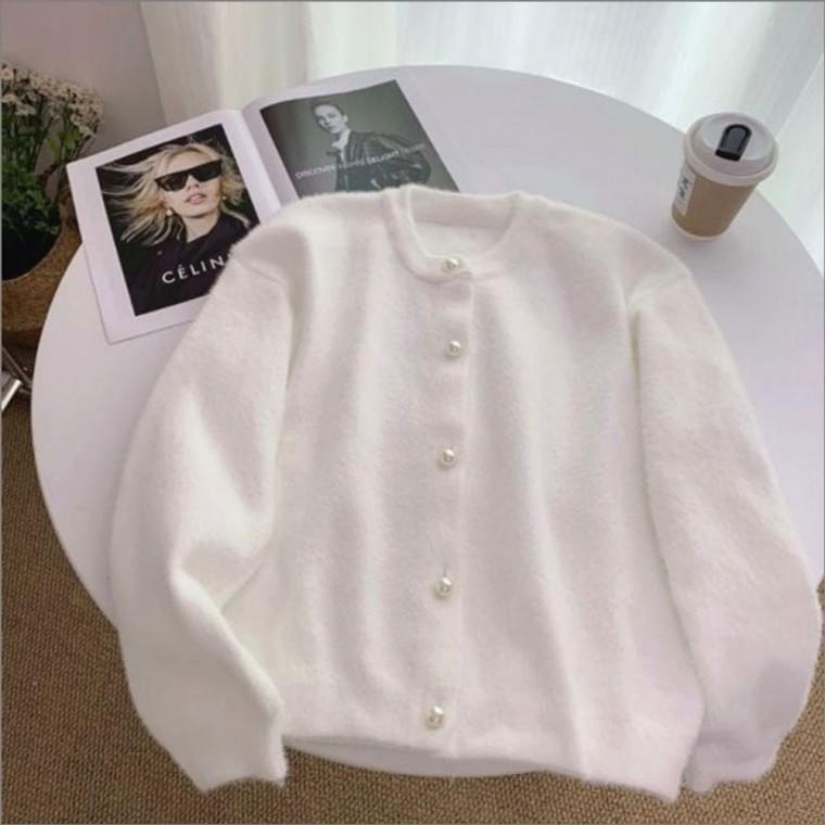 3컬러 퍼가디건 도톰한 라운드넥 여자 겨울 진주단추