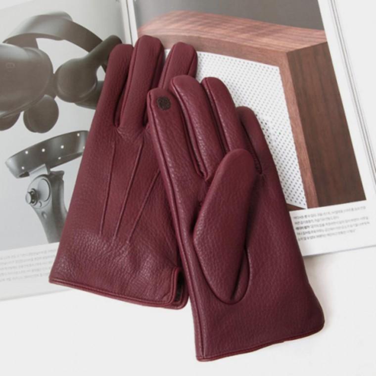 남성 겨울 고급 사슴 가죽 버건디 손가락 털 안감 장갑