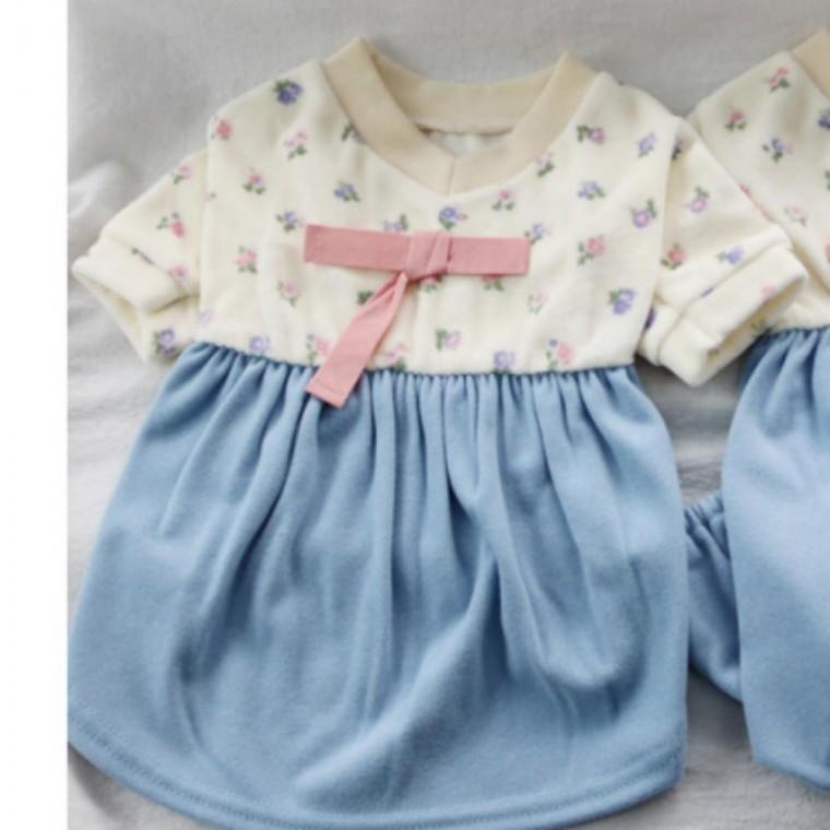 강아지한복 플라워 겨울 한복 원피스 블루 1P 설날 명절