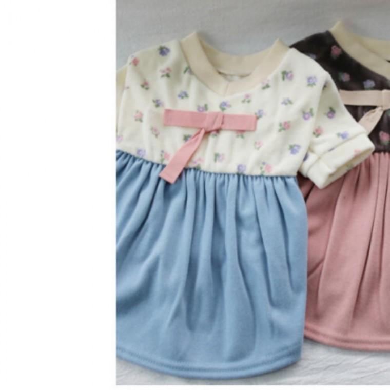 강아지한복 플라워 겨울 한복 원피스 블루 2XL 1P 설날