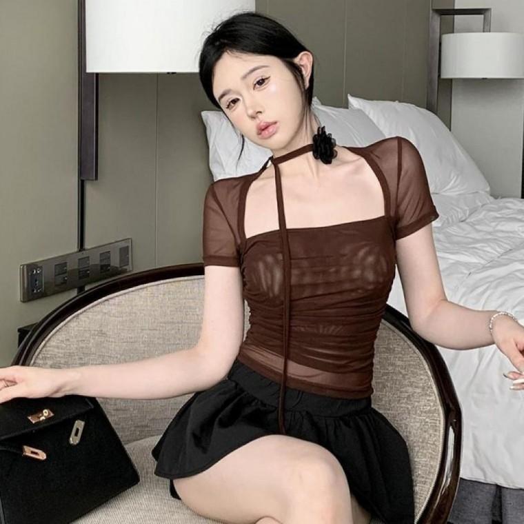 플라얇은티 장미 스카프 끈 세트 포인트 슬림 반팔 여성 라운드 무지 여성 맨투맨 티숙 겨울 U넥 긴팔티 나
