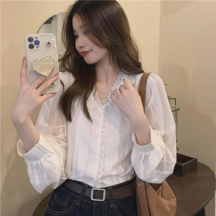 펀칭 프릴 블라우스 LLT120 겨울 셔링 라운드넥 여성 잔꽃 남방 러블리 숙 이너 장식 여성 블라우스 레드