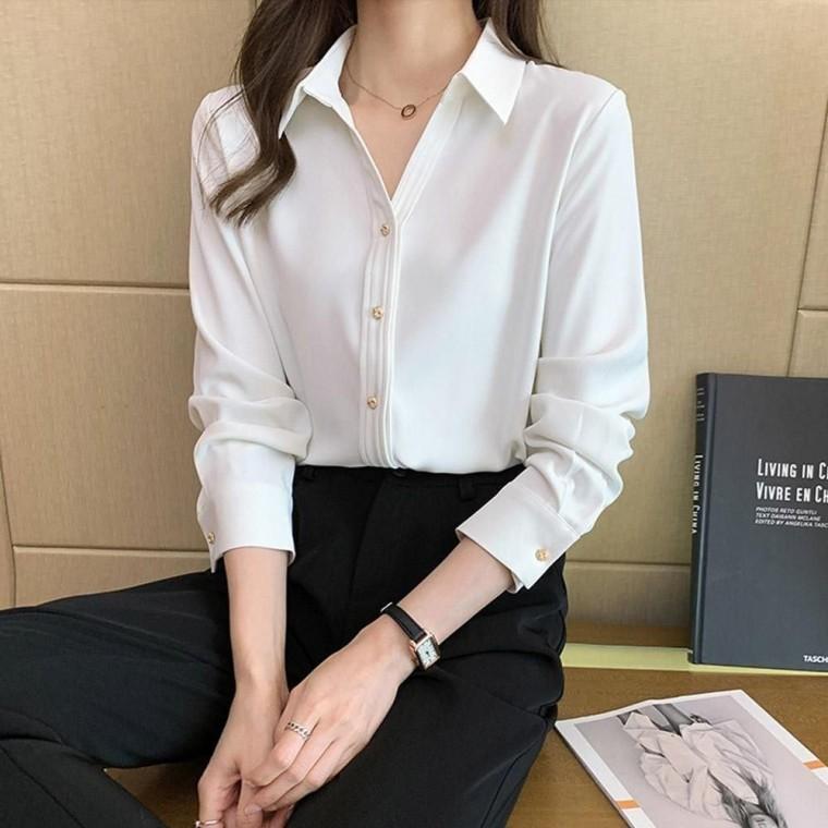 KAA 8307 여자브이카라블라우스 블라우스 사이즈 비치 블라우스 상의 카라 루즈핏 숙 겨울 여성 남방 S 원