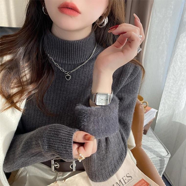 여성 겨울 퍼 반목폴라 니트티 융기모 밍크 골지 슬림 반목니트 스웨터