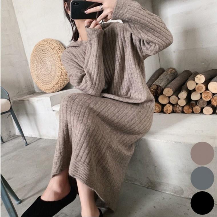 롱 데일리 원피스 달린 후드 여자 겨울 골지니트