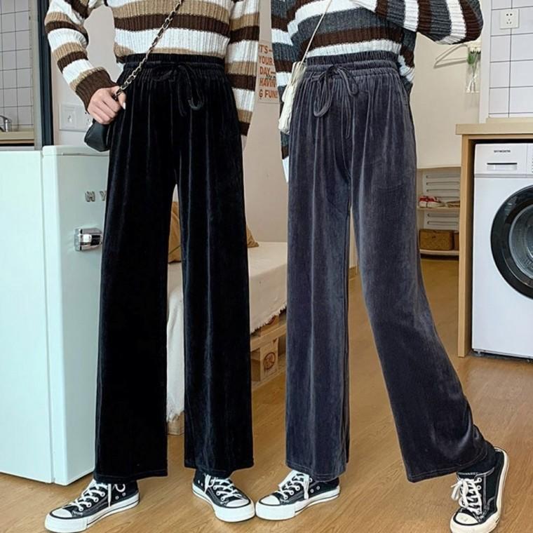 루즈핏 캐주얼 여자 벨벳 와이드팬츠 겨울 밴딩팬츠