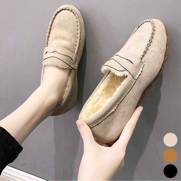 편한 단화 겨울 안감 여자 로퍼 신발 퍼 스웨이드 털