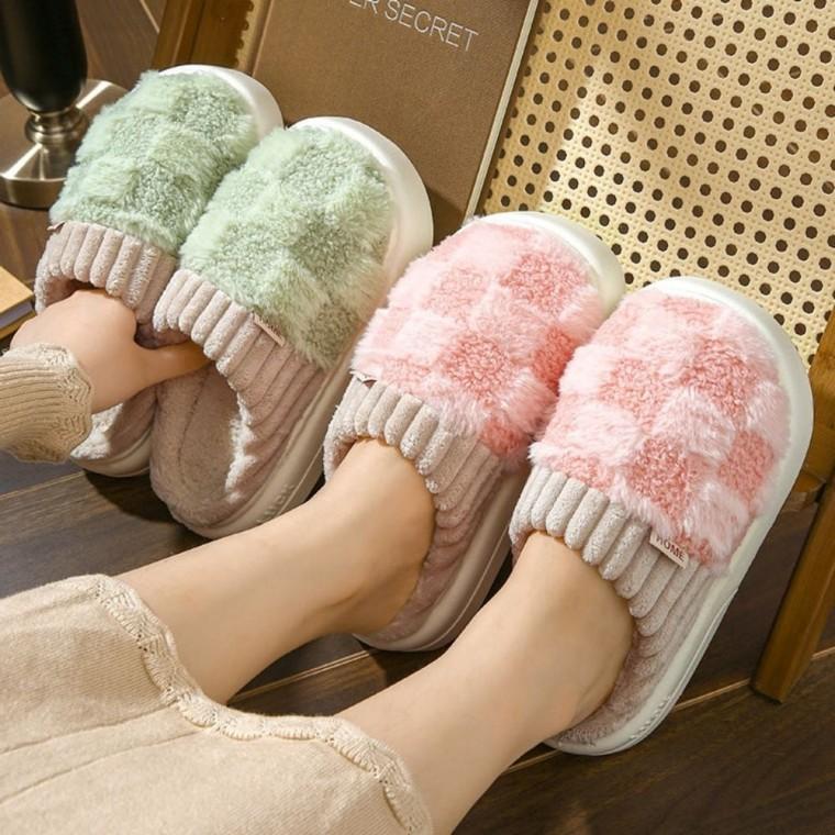 보온 방한 보들 겨울용 털슬리퍼 여자 체크 실내화
