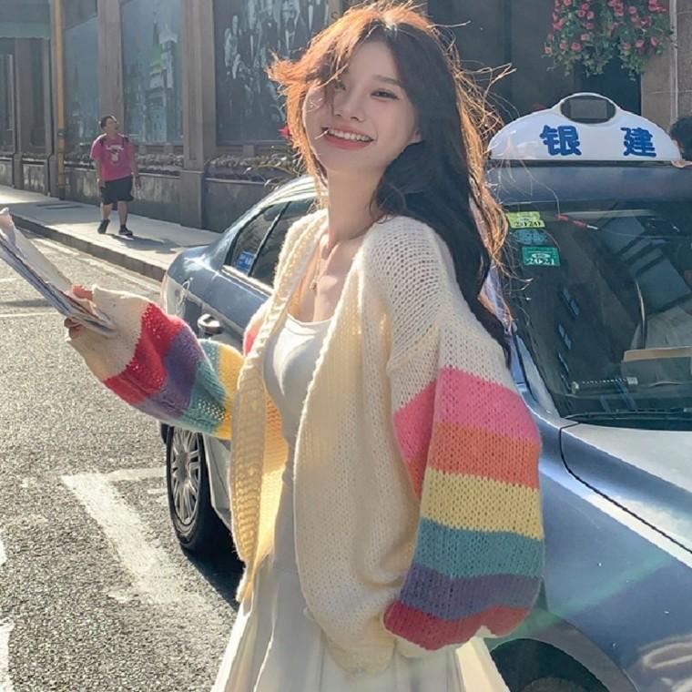 니트 러블리 가디건 레인보우 여자용 배색 겨울 V넥